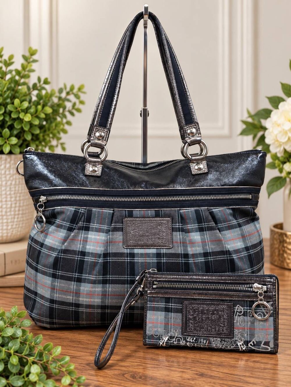 Draft ListingCoach Poppy Tartan Glamour Tote & Matching Wallet | Plaid Sparkle S